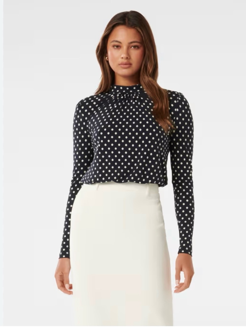 Ever New Navy and White Polka Dot Long Sleeve Mock Neck Top